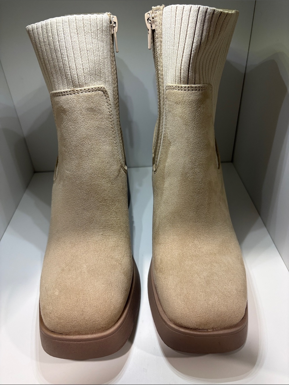 SM New York Cream Suede Rib-Knit Ankle Booties